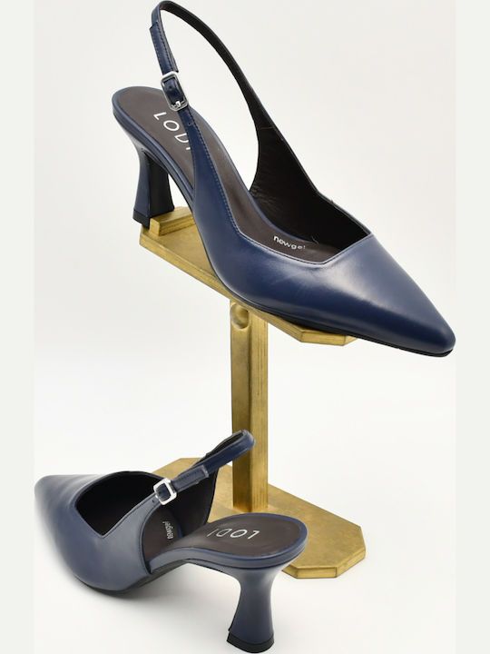Leather Pointed Toe Heels with Strap & Medium Heel Navy Blue