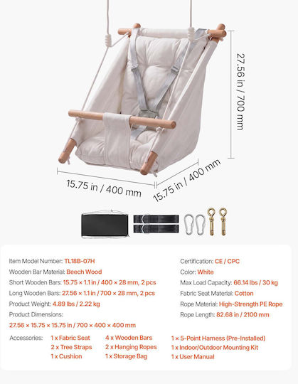 Vevor Wooden Swing with Seat Belt White