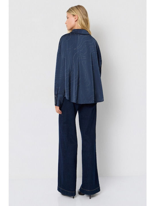 Long Sleeve Women's Satin Shirt Dark Blue