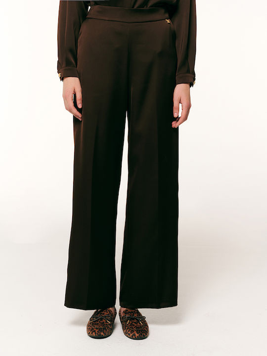 Forel Women's Satin Trousers with Elastic Waist in a Straight Leg Brown