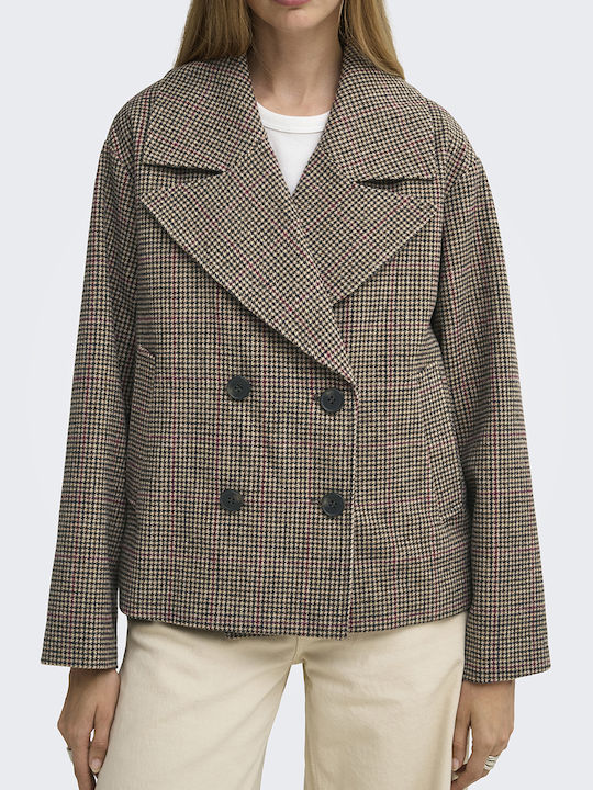 Only Onlmoreno Damenkaromantel Tanninhoundstooth Tan