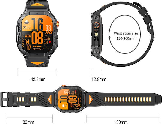 Microwear Smartwatch K70a Μαύρη Κάσα Μαύρο Λουρί Σιλικόνης