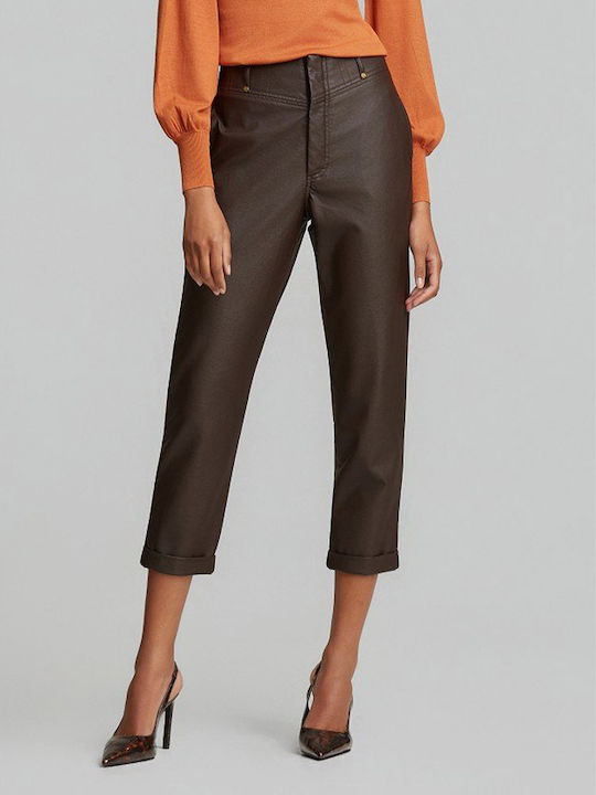 Women's High-Rise Leather Trousers in a Baggy Fit Brown
