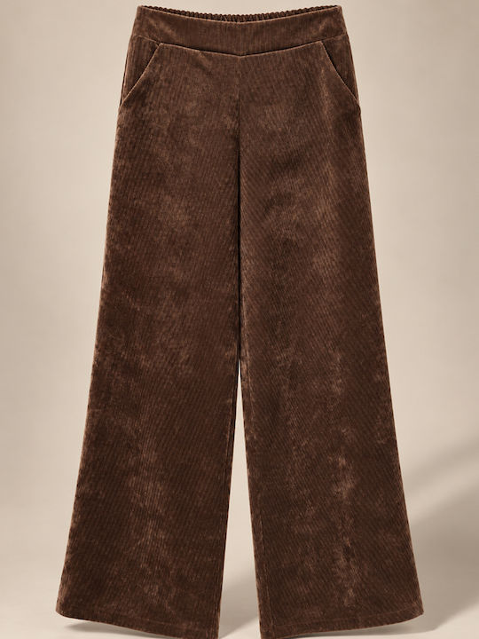 Women's Corduroy Trousers with Elastic Waist in Loose Fit Brown