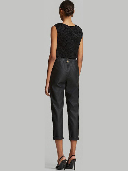 Women's High-Rise Leather Trousers in Baggy Fit Black