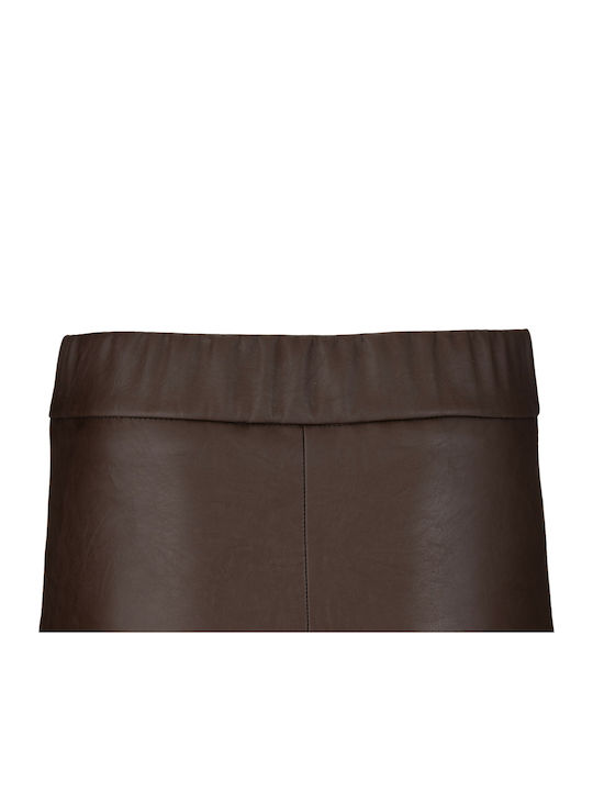 Women's High-Rise Leather Trousers with Elastic in a Slim Fit Brown