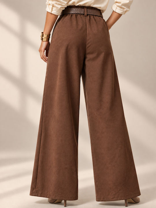 Women's Satin Trousers with Elastic Waist in a Relaxed Fit Brown