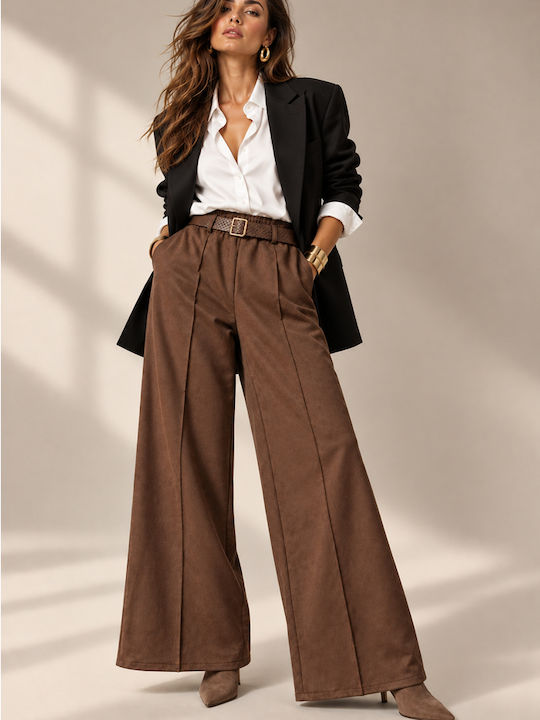 Women's Satin Trousers with Elastic Waist in a Relaxed Fit Brown