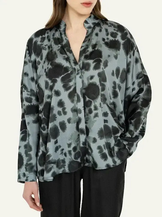 Long Sleeve Women's Satin Shirt Dusty Blue