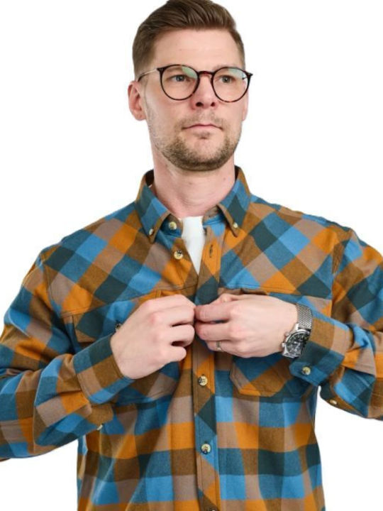 Long Sleeve Flannel Overshirt in Regular Fit Fudge/Blue