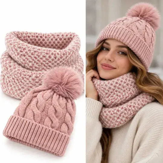 Set with Beanie Knitted in Pink color