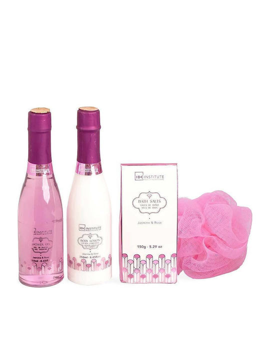 IDC Institute Scented Bath Rose Basket Cherry Blossom Skin Care Set for Body Cleansing, 5 Pieces