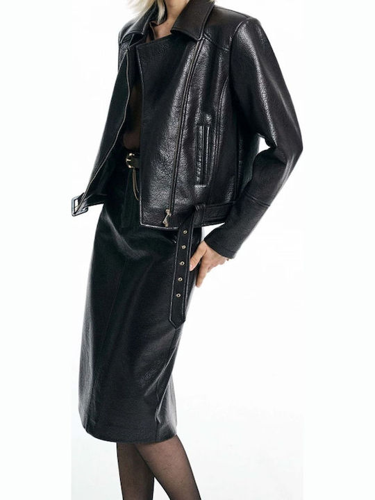 Leather High-Waisted Midi Skirt Black