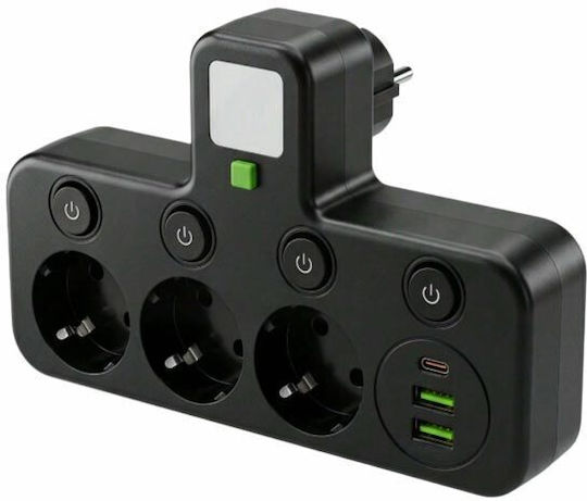 Разклонител с 3 контакта, 2 USB-A, 2 USB-C и Превключвател