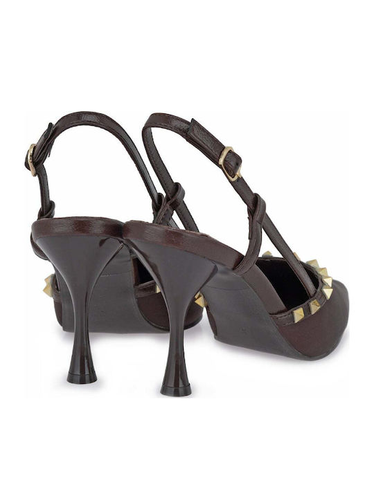 Satin Pumps with High Heel Brown Satin Gold
