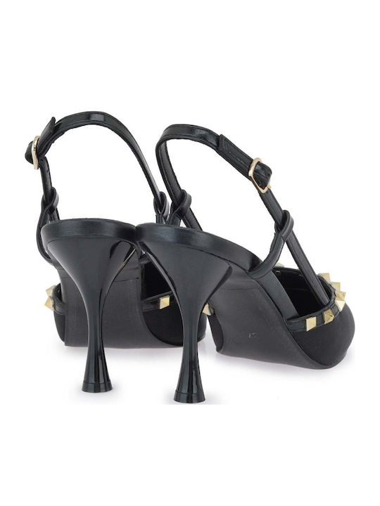 Satin Pumps with High Heel Black Satin Gold