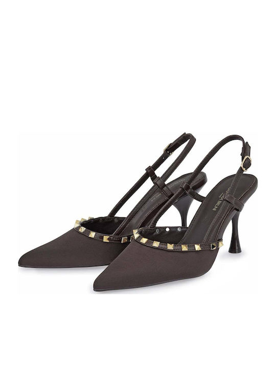 Satin Pumps with High Heel Brown Satin Gold