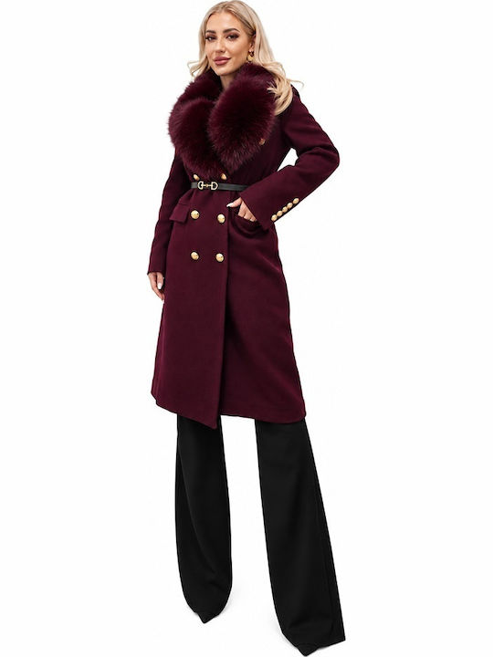 Wool Women's Coat Burgundy with Fur Details