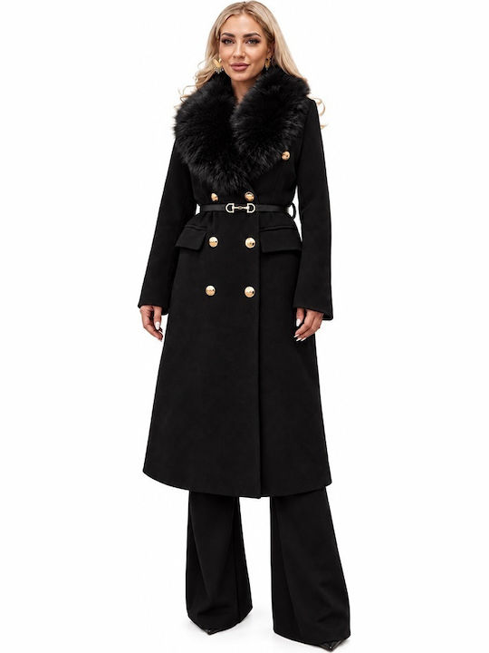 Wool Women's Coat Black with Fur Details