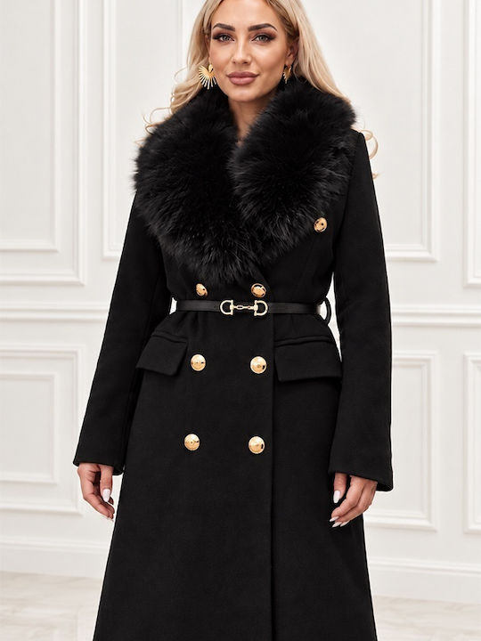 Wool Women's Coat Black with Fur Details