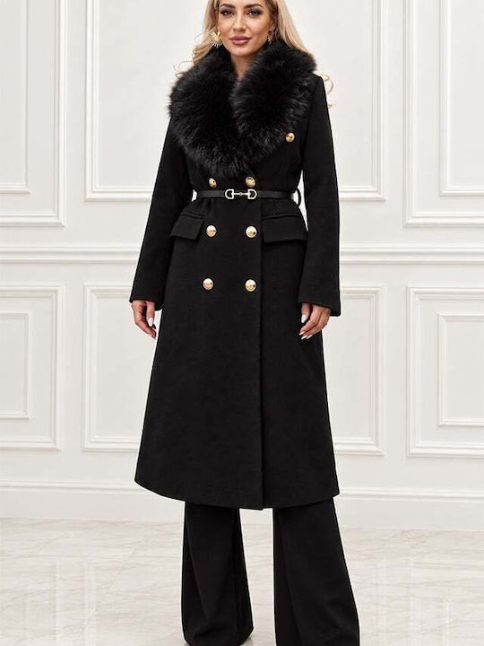 Wool Women's Coat Black with Fur Details