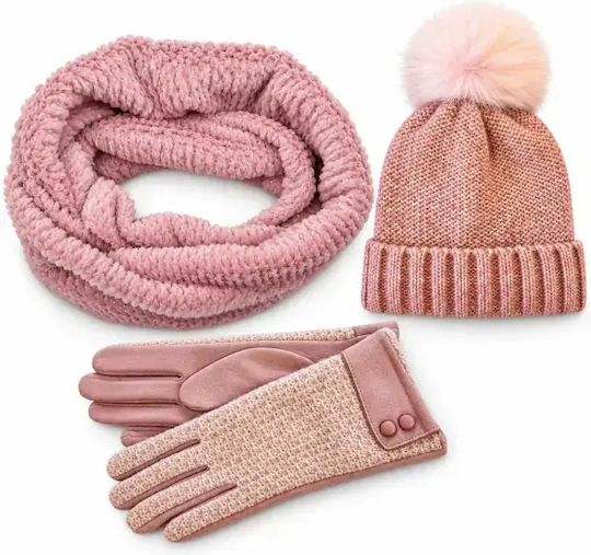 Set with Beanie Knitted in Pink color
