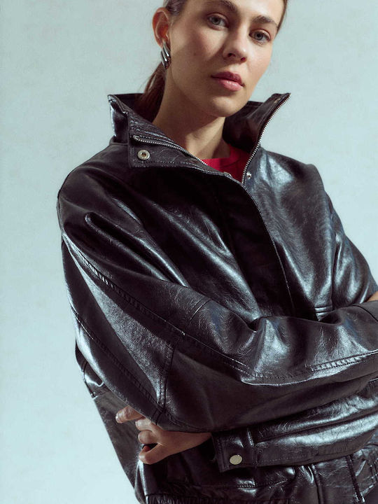Γυναικείο Μπουφάν Δερματίνης Oversized Loose Fit Μαύρο