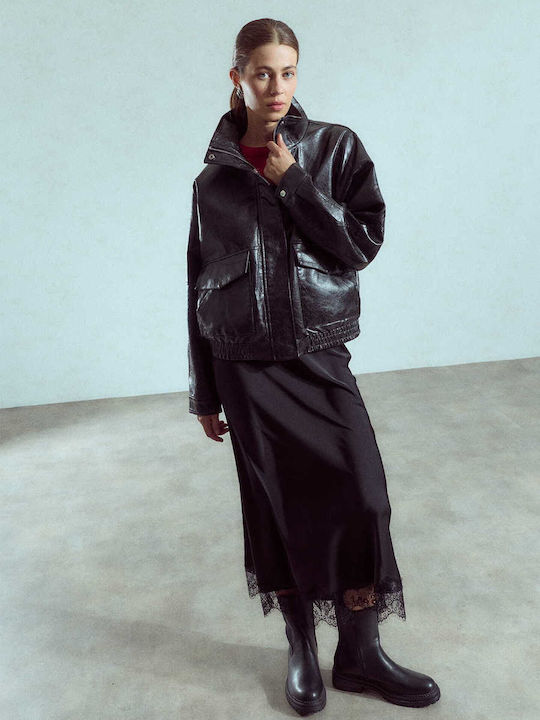 Γυναικείο Μπουφάν Δερματίνης Oversized Loose Fit Μαύρο