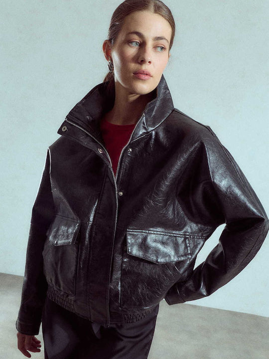 Γυναικείο Μπουφάν Δερματίνης Oversized Loose Fit Μαύρο