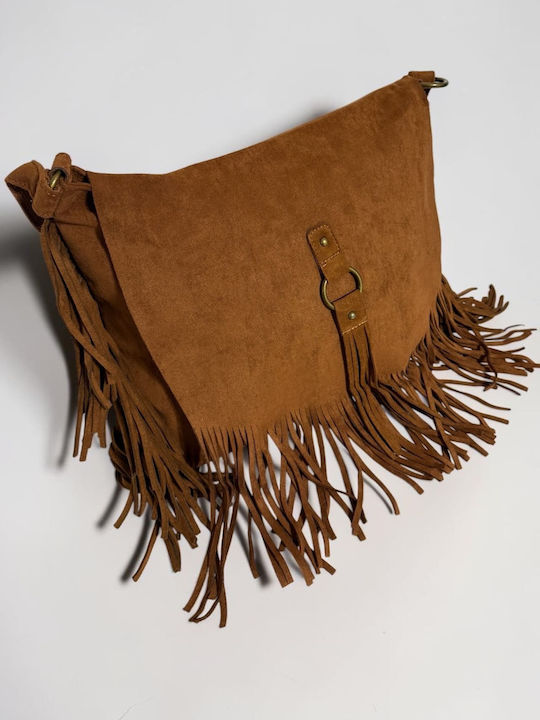Women's Suede Messenger Bag with Fringes in Tabac Brown