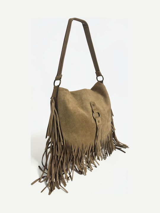 Women's Suede Messenger Bag with Fringes Beige