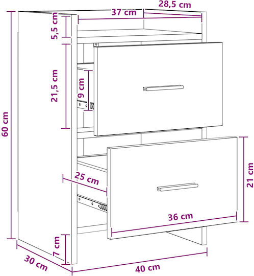 Wooden Bedside Table with Metal Legs Brown 40x30x60cm
