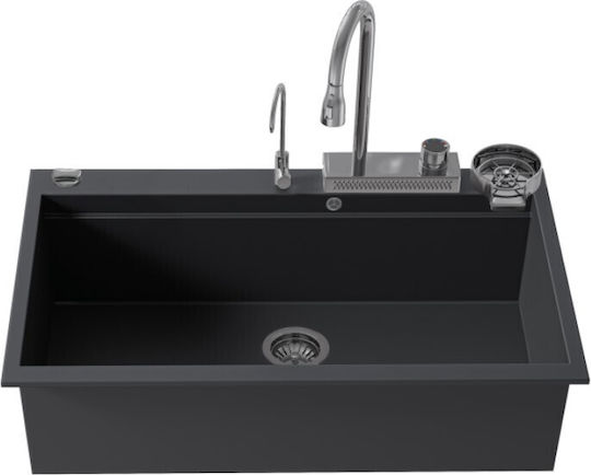 Sanitec Ultra Granite Drop-In Küchenspüle aus Flüssigem Granit mit Wasserhahn M79xP50cm Schwarz Matt