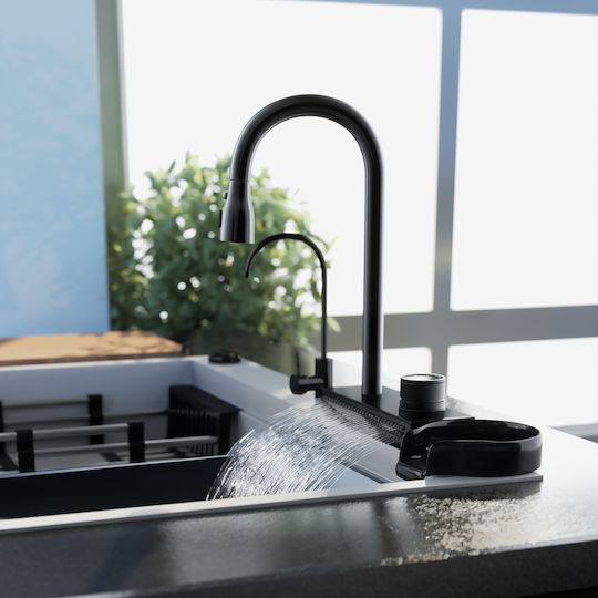 Sanitec Ultra Granite Drop-In Küchenspüle aus Flüssigem Granit mit Wasserhahn M79xP50cm Schwarz Matt