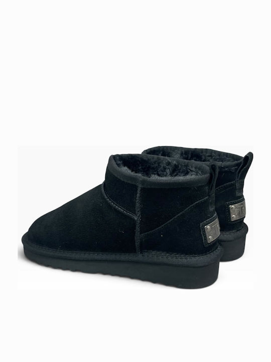 Leather Women's Ankle Boots with Fur Negro
