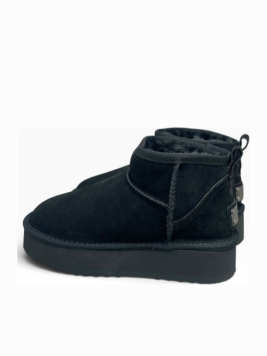Leather Women's Ankle Boots with Fur Negro