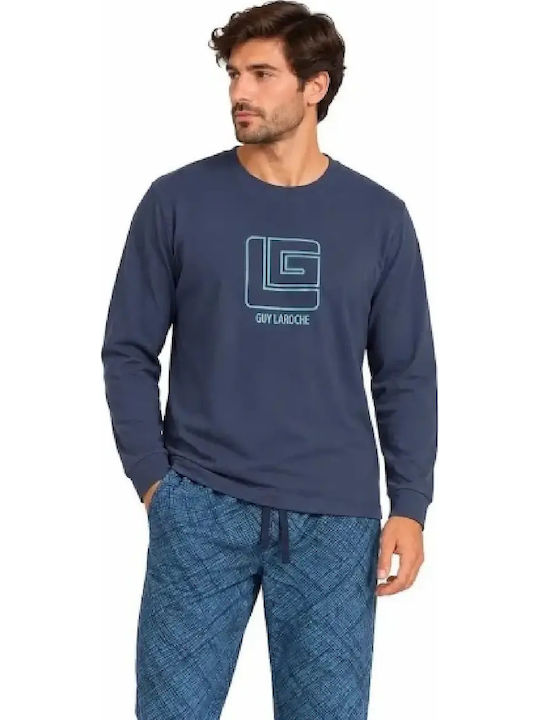 Guy Laroche Pijama de Iarnă pentru Bărbați din Bumbac Albastră Guy Laroche Pijama de Iarnă pentru Bărbați din Bumbac Albastră