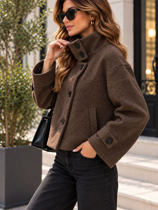 Oversized Damenmantel aus braunem Jeansstoff mit Knöpfen