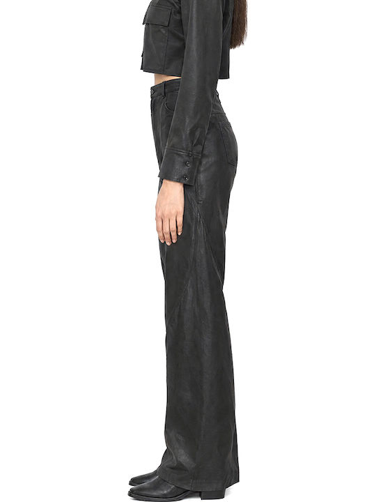 Women's High-Waisted Leather Wide-Leg Trousers in a Loose Fit Black