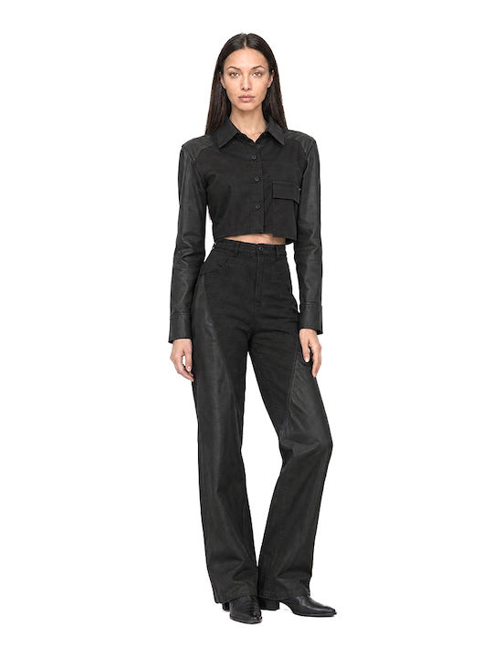 Women's High-Waisted Leather Wide-Leg Trousers in a Loose Fit Black