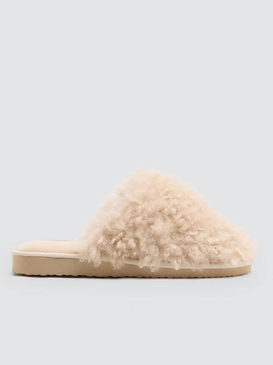 Winter Women's Slippers with Beige Fur