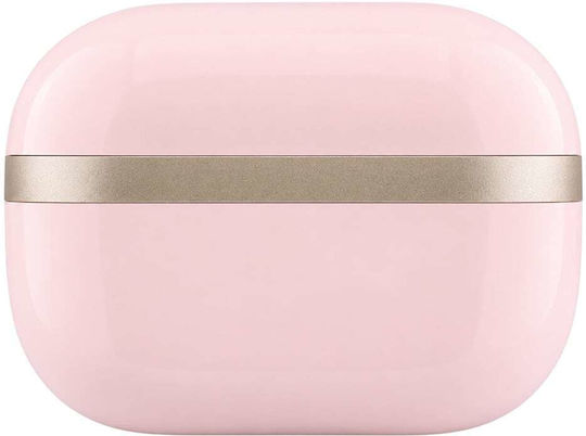 Glossy Gold Lineprinted Classic Logo Earbud Bluetooth Handsfree Headphones with Pink Charging Case