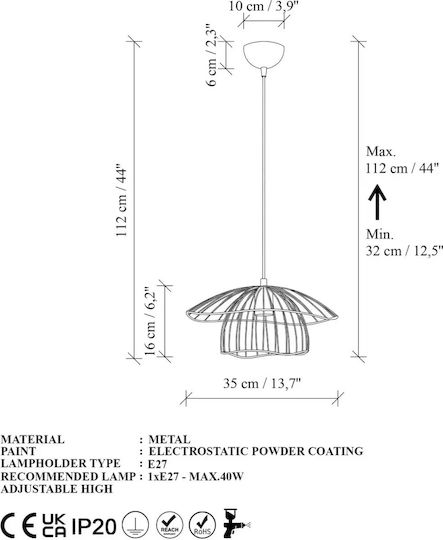 Opviq Mantar Black Pendant Ceiling Light with E27 Socket 35x35x112cm