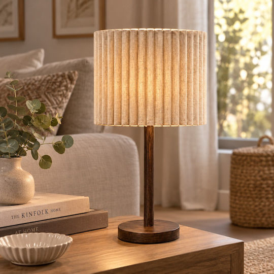 Ankor Wooden Table Lamp with Beige Shade and Brown Base