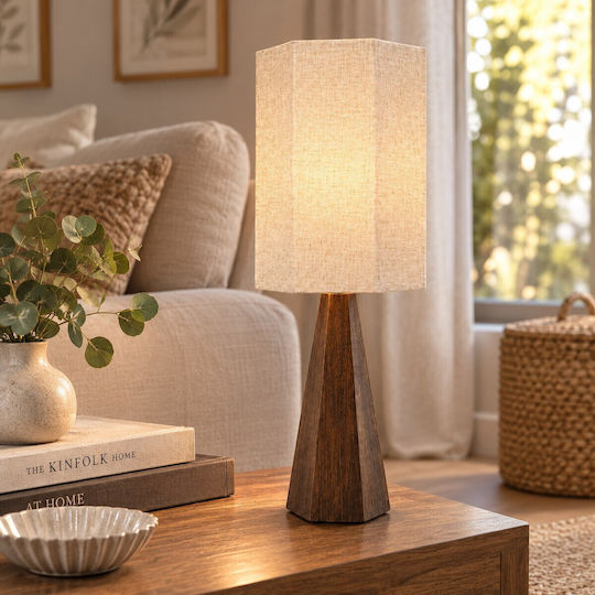 Ankor Wooden Table Lamp with Beige Shade and Brown Base