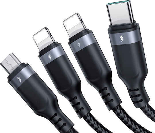 Joyroom S-A18 Плетен USB Кабел към Lightning / Type-C / micro USB 3.5A Черен 1.2 м