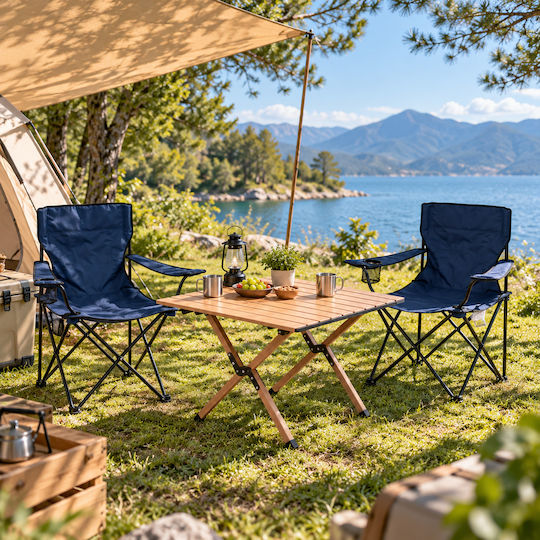 Medrelaxhome Campingmöbel Set aus 3 Stück mit Faltbarem Strandtisch Kompakt und 2 Faltbaren Campingstühlen Deluxe Blau
