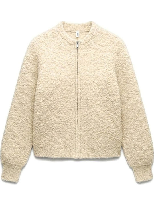 Cardigan Lung Tricotat pentru Femei cu Fermoar Bej