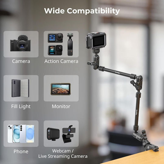 Smallrig 56 Cm Articulating Desk Clamp Magic Arm Dual Ball Joints 1/4" Thread 3/8" Adapter Phone Holder Included Aluminum Webcam Light Microphone Black