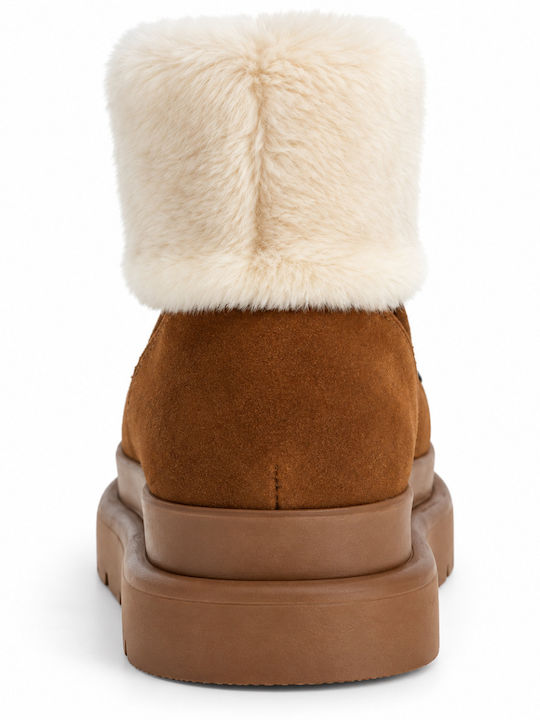 Leather Women's Ankle Boots with Fur Tabac Brown